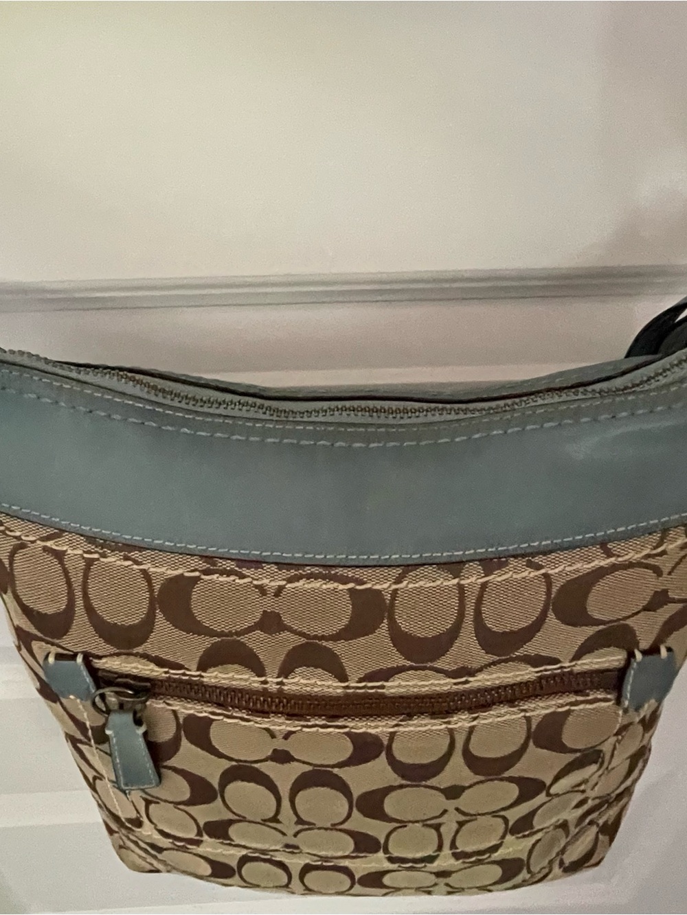 Vintage Y2K Coach signature Logo Blue & Brown Crossbody Shoulder Bag Zip Pockets - Picture 4 of 16
